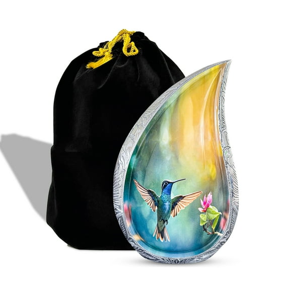 Toseng Memorials Teardrop Urn for Human Ashes Large Blue Hummingbird Cremation Urn for Adults, Decorative Urn for Women & Men