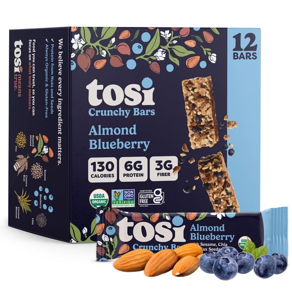 Tosi Nut Bars, Almond Blueberry, Healthy Snacks for Adults & Kids, Plant Based Crunchy Bars (6G Protein), Organic Keto Snacks, Vegan, Gluten & Soy Free, Low Sugar, Omega 3s, 1oz, 12-Pack