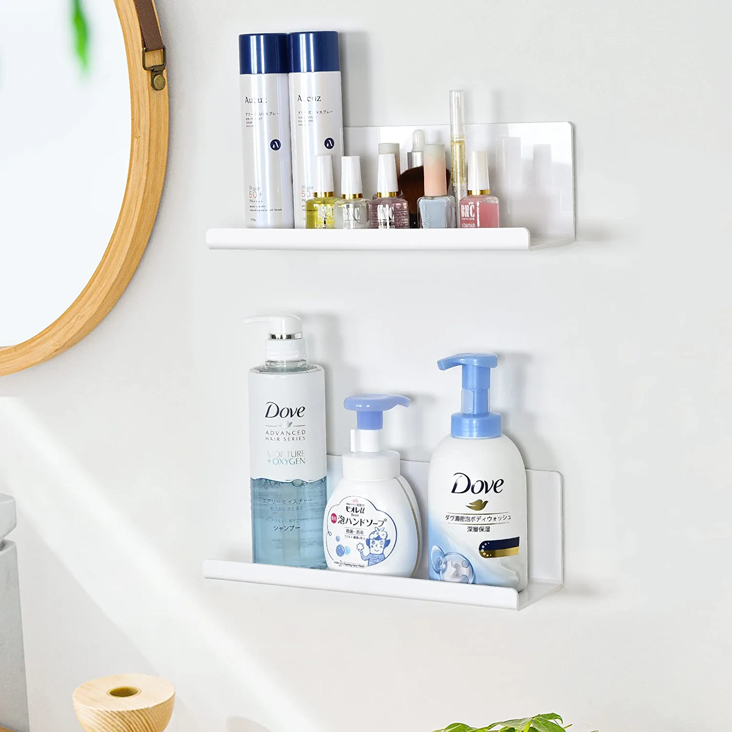 Self Adhesive Acrylic Bathroom Shelves No Drill, Stable Wall Mounted Shelf