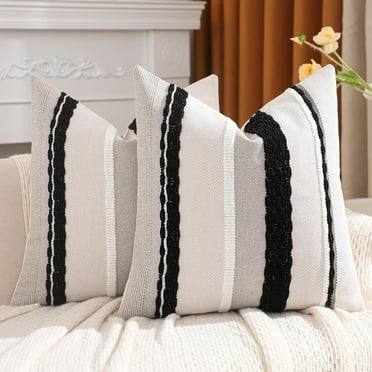 Tosleo Black and White 18 x 18 Pillow Covers Set of 2 Striped Patterned Decorative Pillow Cases Accent Chenille Pillowcases Farmhouse Cushion Case Bohemian Nuetral Textured Pillow Cover