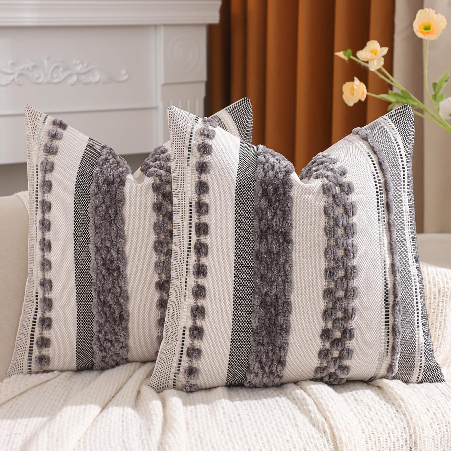 Tosleo Boho Throw Pillow Covers 18x18 Set of 2 Striped Decorative Pillow Cases Accent Chenille Pillowcases Farmhouse Cushion Case Bohemian Nuetral Textured Pillow Cover,Gray