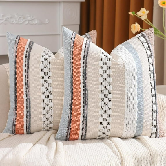 Tosleo Boho Throw Pillow Covers 18x18 Set of 2 Striped Decorative Pillow Cases Accent Chenille Pillowcases Farmhouse Cushion Case Bohemian Nuetral Textured Pillow Cover,Orange and Blue