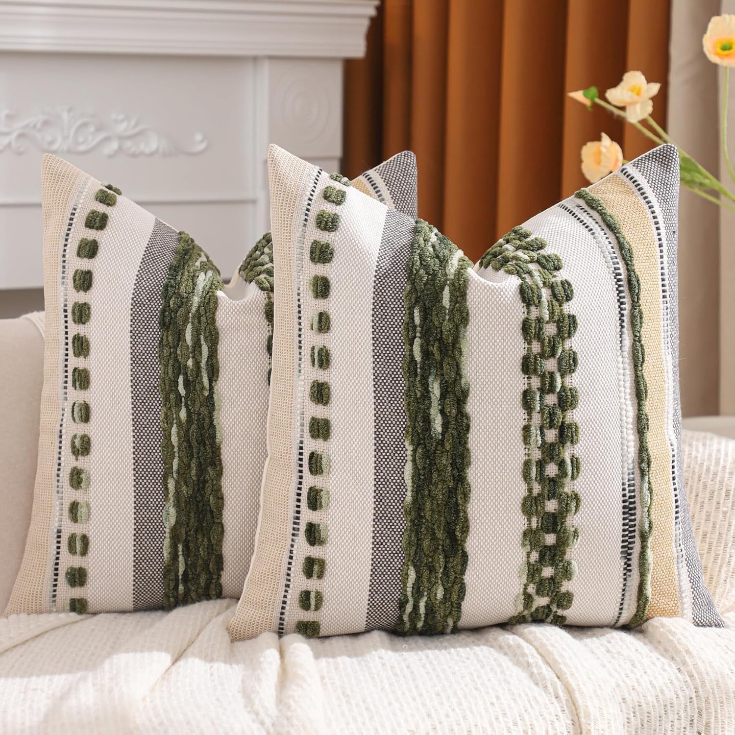 Tosleo Green Accent Pillow Covers 18x18 Set of 2 Boho Throw Pillow Covers Striped Decorative Pillow Cases Soft Chenille Pillow Cases Farmhouse Cushion Case Accent Nuetral Textured Pillow Cover