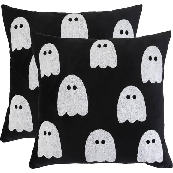 Tosleo Halloween Pillow Covers 18x18 Set of 2 White Cute Ghost Throw Pillow Covers Happy Halloween Black Decor Embroidered Pillow Cases for Home Velvet Thanksgiving Cushion Case