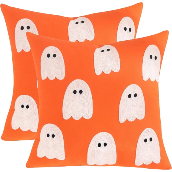 Tosleo Halloween Throw Pillow Covers 18x18 inch Set of 2 Halloween White Ghost Orange Pillow Covers Embroidered Pillow Cases Thanksgiving Home Party Fall Decor Pillowcases Square Cushion Covers