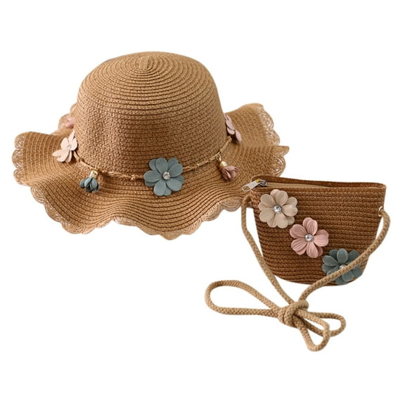 Tosmy Beach Hat Bag Children Straw Hat Sunshade Girls Flower Straw Sun Kids + Kids Hat Fashion One Size
