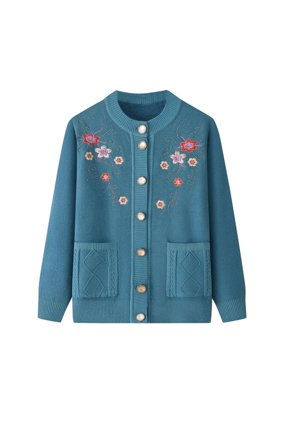 Cardigans For Women Women Autumn Winter Embroidered Hook Pattern Rhinestone Knitted Plus Velvet Warm Button Cardigan Pocket Bottoming Sweater Jacket Fall Winter Clothes