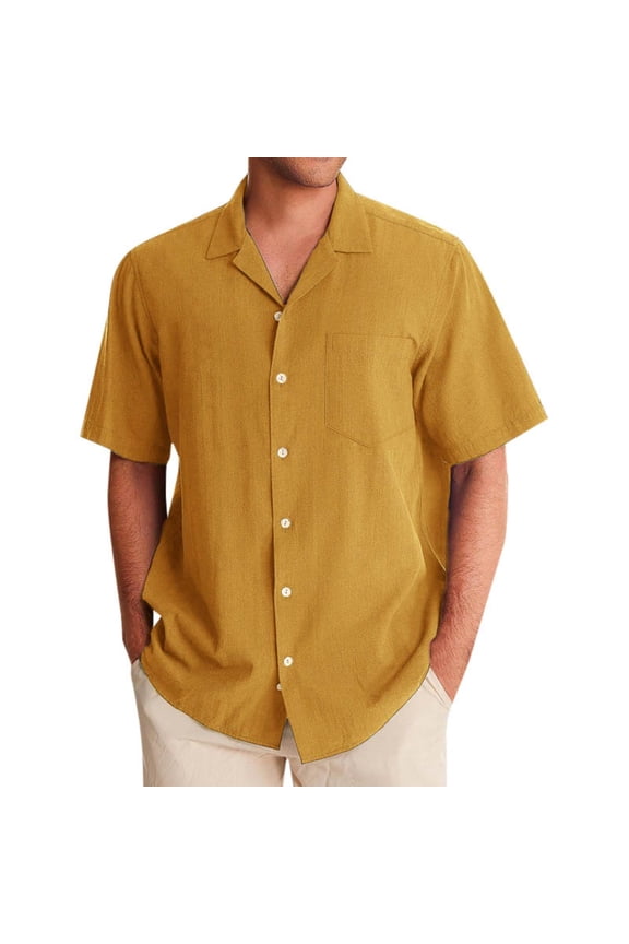 Mens Casual Shirts 2025 Male Linen Shirt Hawaii Channeling Hugh Lapel Shirt Casual Sports Beach Short Sleeve Shirt Summer Tops