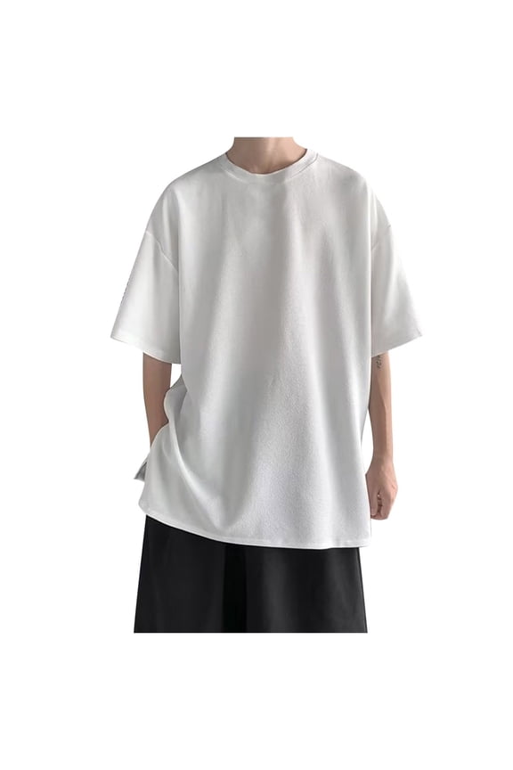 Mens T Shirt Male Summer Half Sleeve Kong Style Trend Versatile Elbow-Length Shirt Trendy Short Sleeve Loose Simple Top Summer Tops