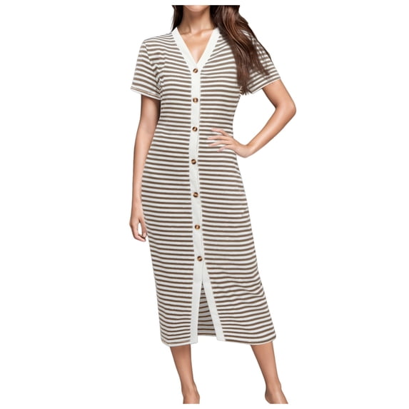 Tosmy Summer Dress Female Casual Dresses Short Sleeve Striped Midi Dresses Decorative Button Ribbed Knit Party Dresses For Women