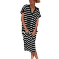thumbnail image 1 of Tosmy Summer Dress Female Fashion Casual Loose Versatile Striped Dress V Neck Low Slit Sweater Dress Beach Vacation, 1 of 1