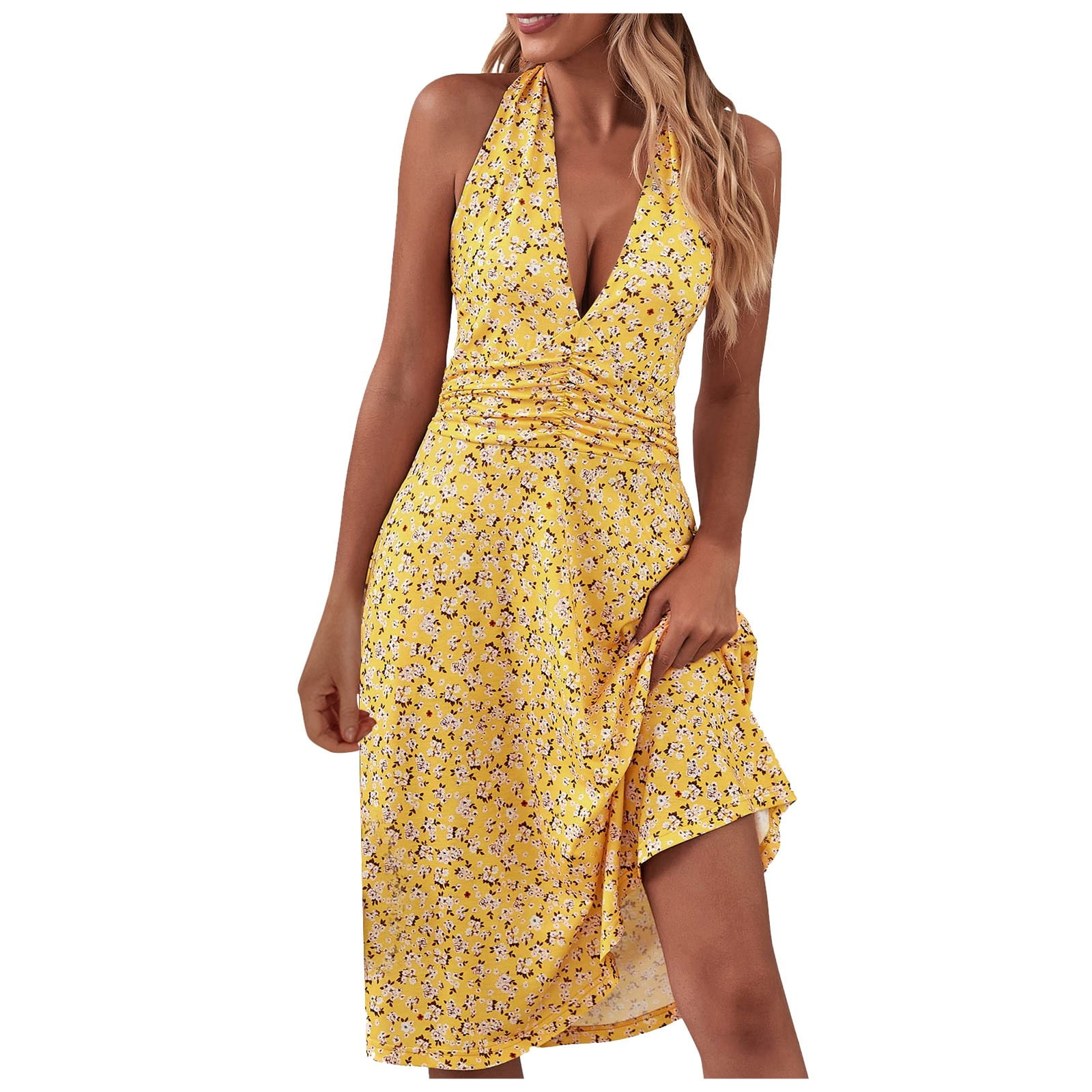 Women's Festival Dress - Halter V-Neck Sleeveless Ruffle Mini Dress With Pockets, Patriotic Flag Print