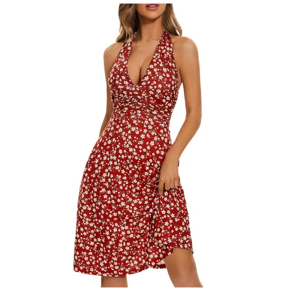 Tosmy Summer Dress Female Sleeveless Neck Spring Boho Floral With Pocket Elastic Waist Ruffle Mini Dresses Travel Vacation 2024