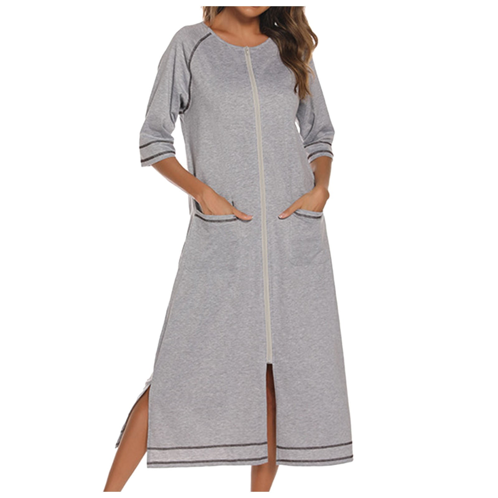 Long Summer Robe Tosmy Summer Dress Rubehoow Coat Women's Zipper Front Robes Half Sleeve ...