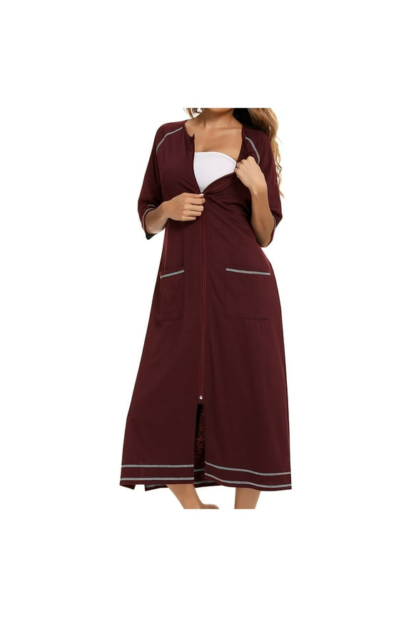 Summer Dress Rubehoow Coat Women's Zipper Front Robes Half Sleeve Bathrobe Full Length Soft Cotton Duster Coat With Pockets Elegant