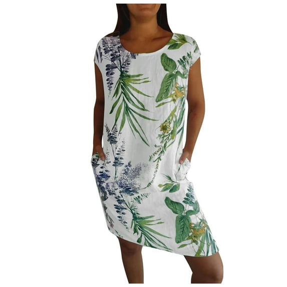 Tosmy Summer Dress Women's Cotton Linen Crew Neck Printed Dress Needream Dresses Needream Cotton Linen Round For Women 2024