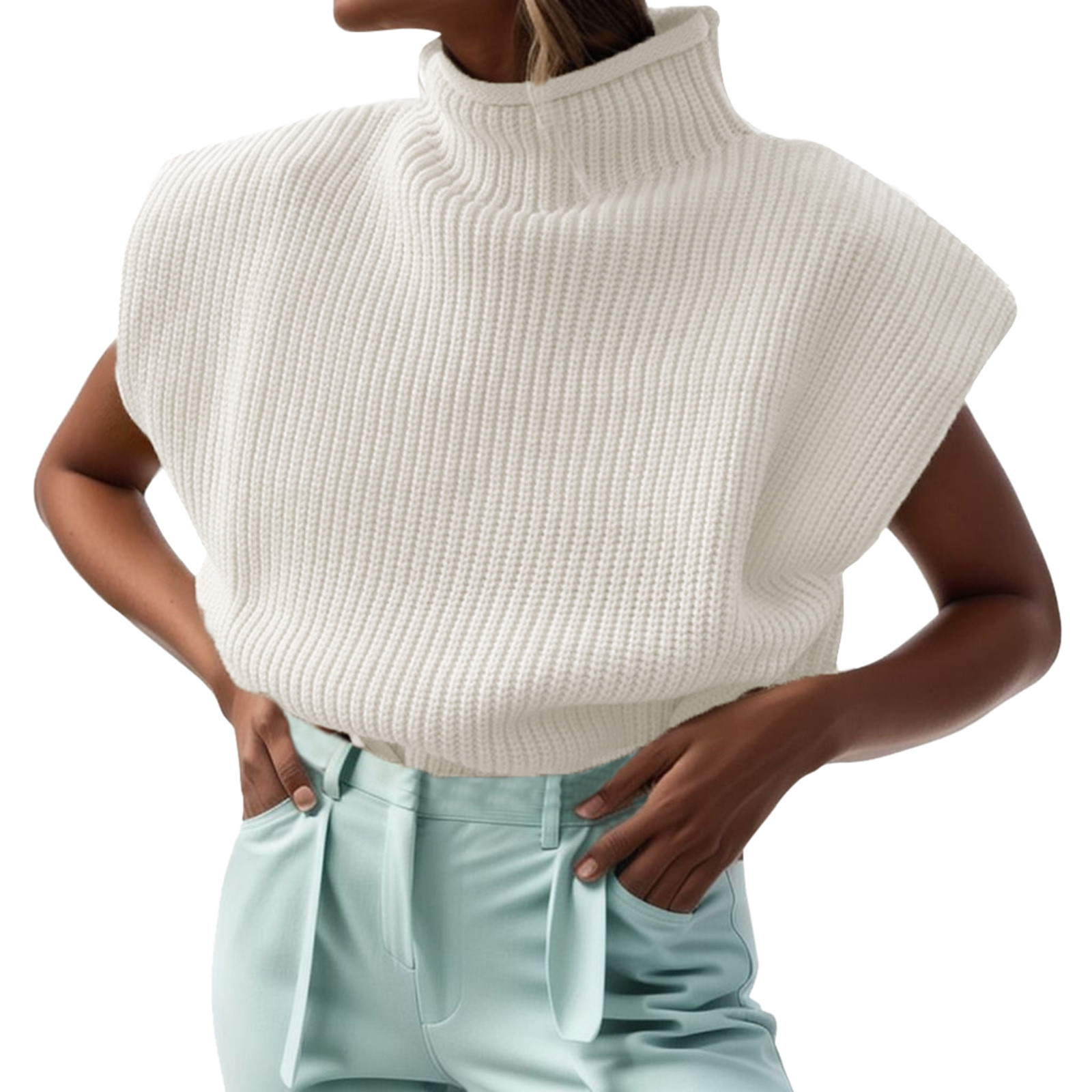 Tosmy Sweaters For Women Womens Himosyber Solid Sleeveless Vest Elegant High Neck Stetchable Cap