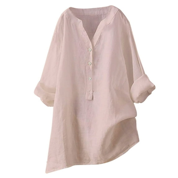 Tosmy Tops For Women Solid Color Stand Up Button 3/4 Sleeve Shirt Blouse Casual Ladies Tops Summer Clothes