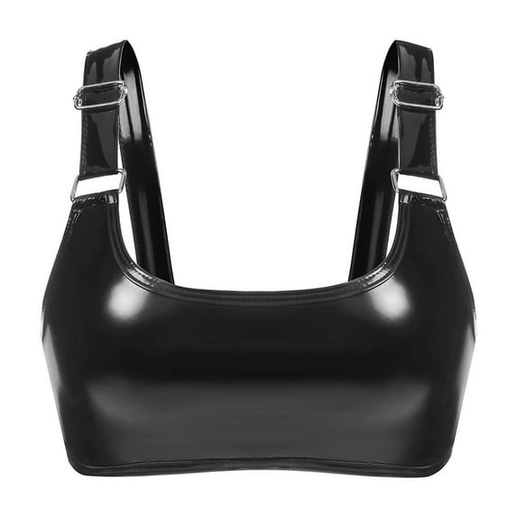 Tosmy Women Sexy Lingerie High Gloss Leather Sexy Neck Bra Leather Bra Adjustable Strap Underwear Nightgown Sleepwear