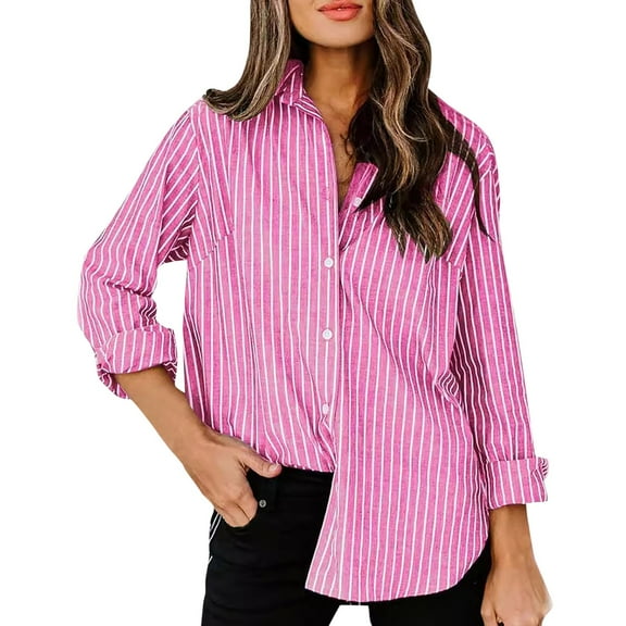 Tosmy Womens Blouse 2025 Womens Button Down Shirts Striped Dress Shirt Long Sleeve Collared Work Pinstripes Blouses Tops Business Fashion