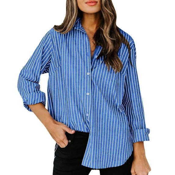Tosmy Womens Blouse 2025 Womens Button Down Shirts Striped Dress Shirt Long Sleeve Collared Work Pinstripes Blouses Tops Business Fashion