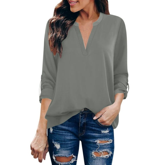 Tosmy Womens Blouses Womens Chiffon Blouses V Neck 3/4 Sleeve Work Shirt Tunic Top Office Wear Casual Blouses For Women 2023