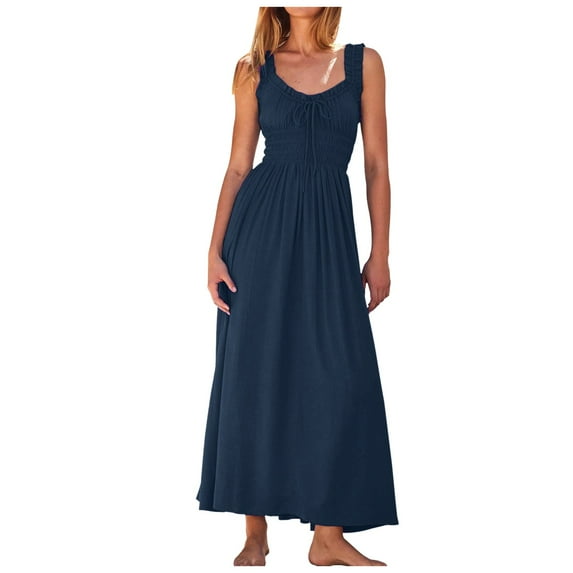 Tosmy Womens Dresses 2024 Female Summer Sleeveless Smocked Empire Waist Tank Dress Summer Beach Tiered Long Dresses Beach Vacation