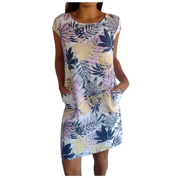 Tosmy Womens Dresses Ladies Cotton Linen Crew Neck Printed Dress Needream Dresses Needream Cotton Linen Round Travel Vacation 2024