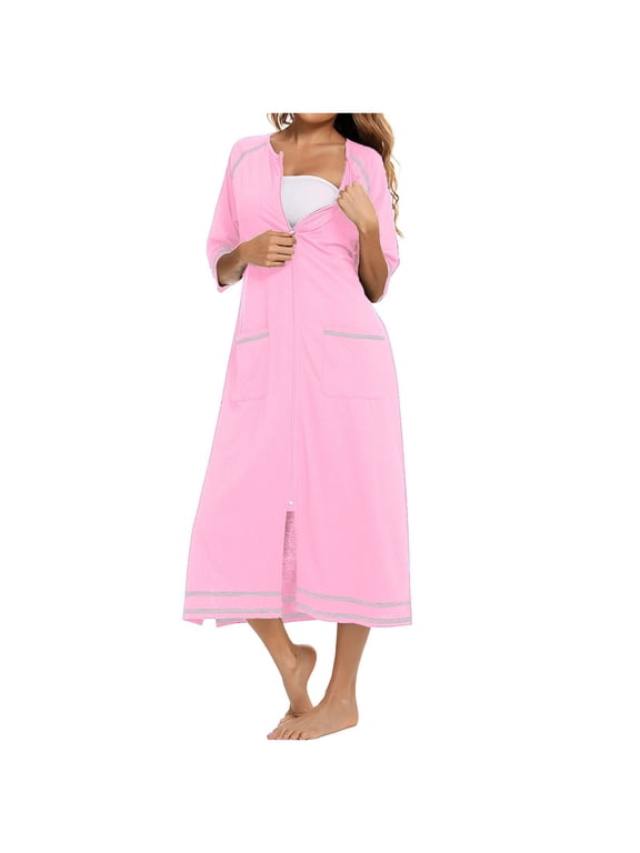 Womens Dresses Rubehoow Coat Women's Zipper Front Robes Half Sleeve Bathrobe Full Length Soft Cotton Duster Coat With Pockets For Women 2024