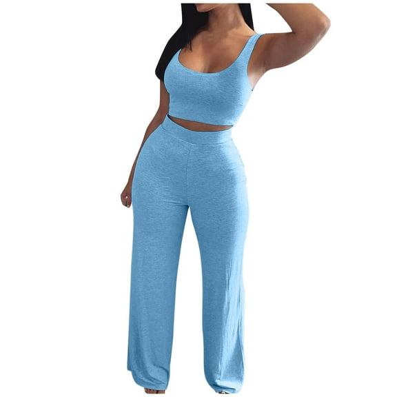 Tosmy Womens Lounge Sets 2 Piece Sets Female Summer Sleeveless Tops Wide Leg Crop Pants Ladies Solid Color Vacation Travel Outfits Comfy Loungewear