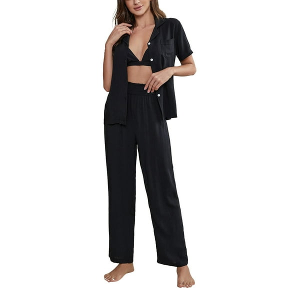 Tosmy Womens Lounge Sets Front Cut Out Pants Pajama Set Button Trim Nightwear Loungwear