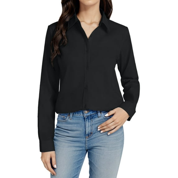 Tosmy Womens T Shirts Women Button Down Shirt Long Sleeve Dress Shirts Stretch Solid Work Blouse Classic-Fit