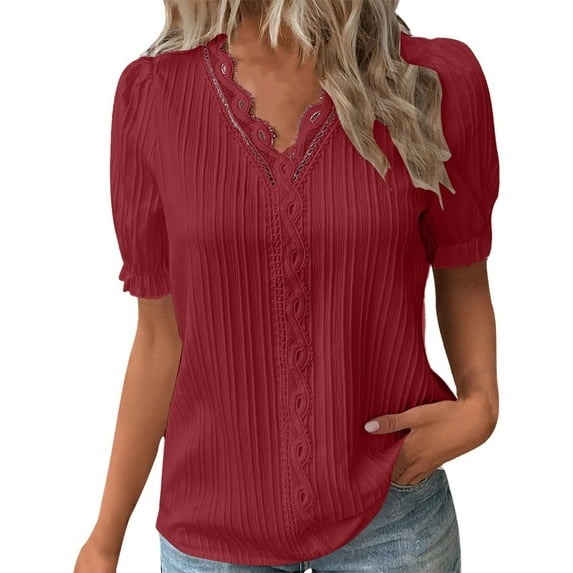 Tosmy Womens Tops Ladies Summer Lace V Neck Plain Lace Elegant Tee Shirt Fashion Solid Color Elegant Short Sleeve Comfy Soft Tee Casual Outfits Trendy