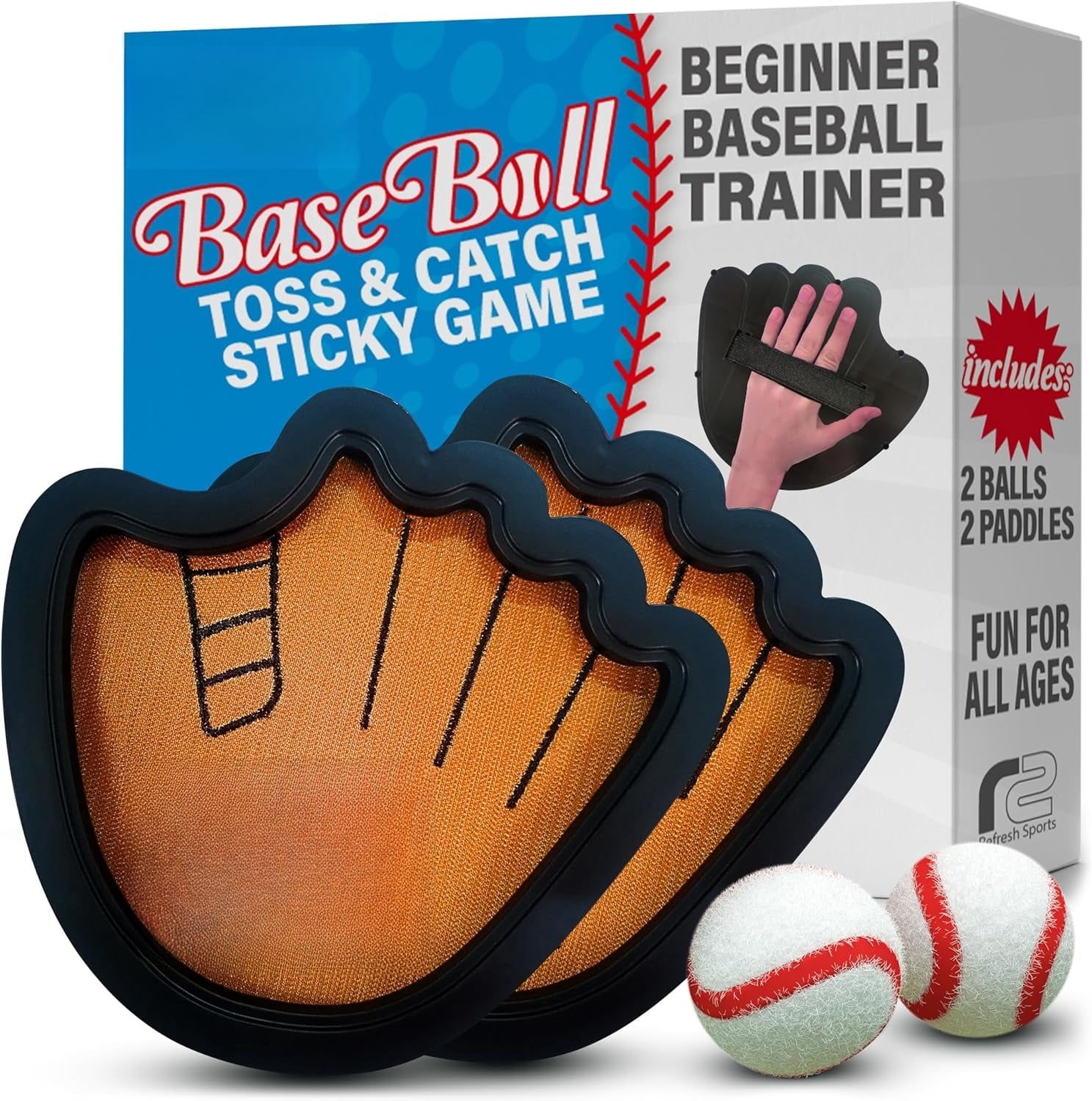 Toss and Catch Ball Game Set - Easy to Use Sticky Balls & Beginner Baseball Training Glove - Premium Toy Paddle Fits All Hand Sizes From Toddlers to Teens & Adults - Fun Gift Idea for Boys and Girls