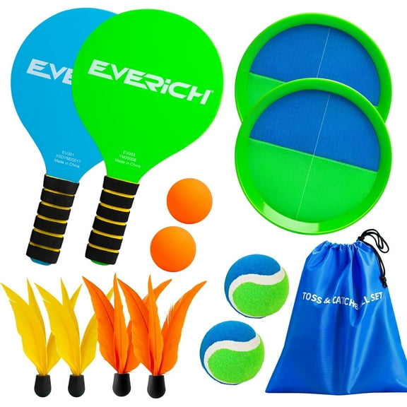 Toss and Catch Ball Game Set & Paddle Ball Set, 4 Paddles 4 Balls 4 Birdies for Kids Teens Adults, Outdoor Indoor Beach Yard Pool Toy Games for Family Fun, All-Season Play Birthday Easter Gift