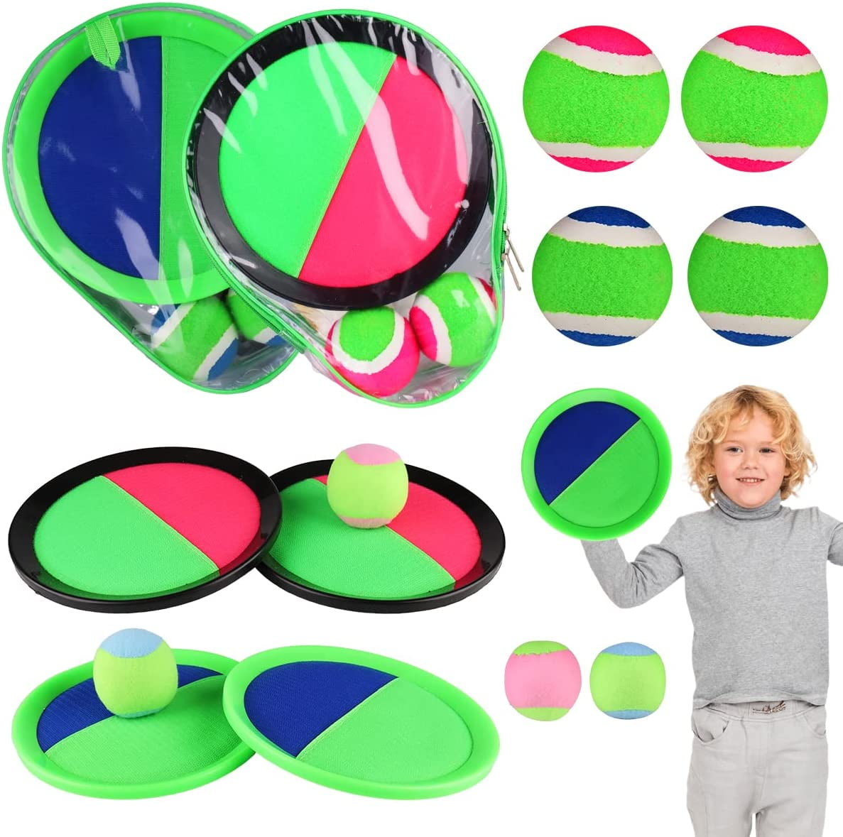 Toss and Catch Ball Game Set Paddle Game Ball Kits Beach Toys Velcro Ball  Waterproof Outdoor Garden Games Sports Includes 4 Hand Pads,6 Balls and 2  Storage Bag 