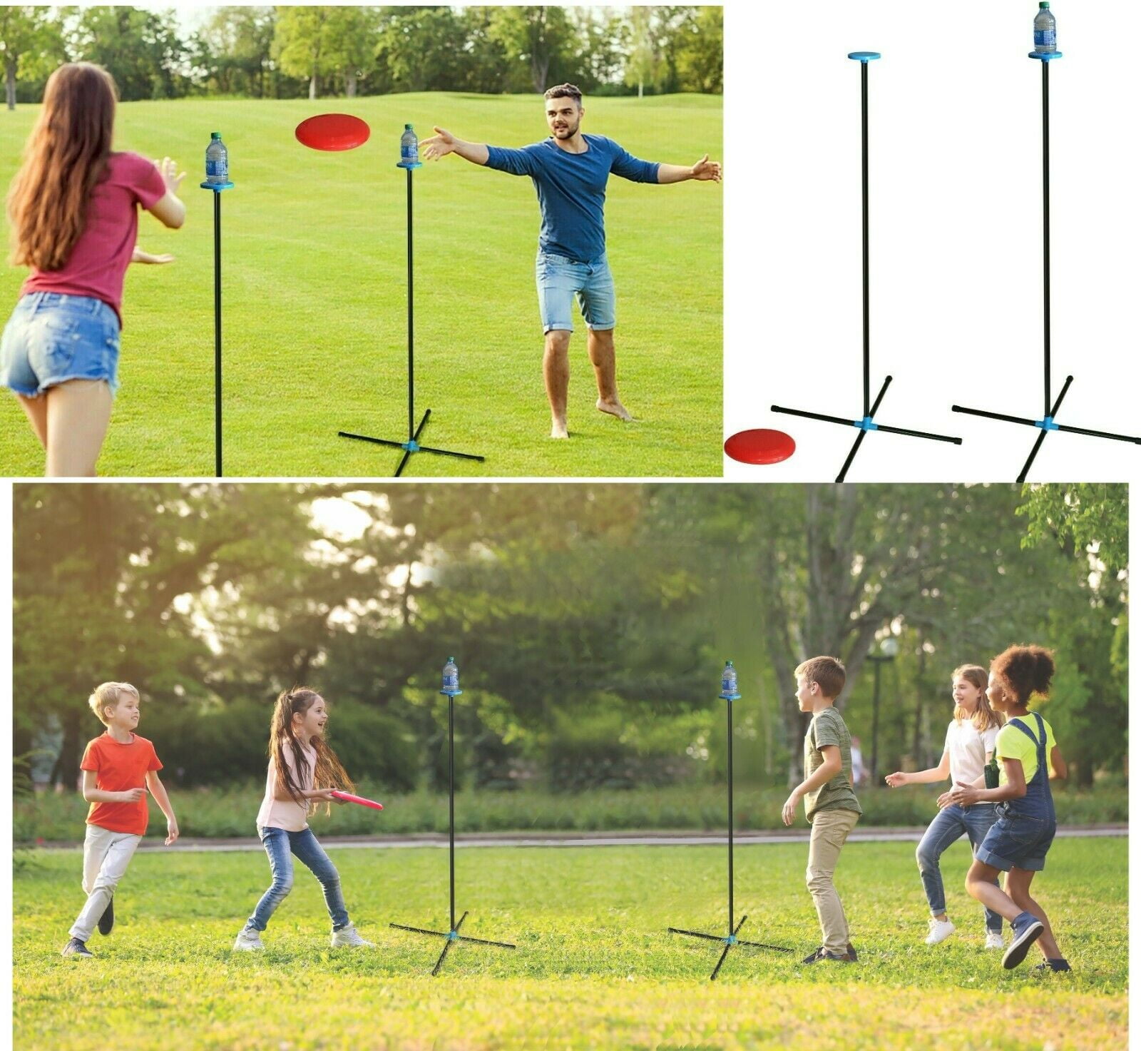 Flying Disc Bottle Drop Yard Game Toss Set with Poles & Bottles For