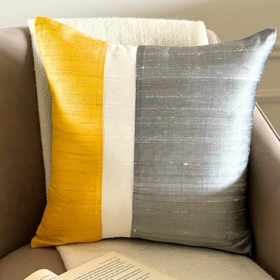 Toss Pillow Cover, Decorative Yellow & Grey 20"x20" (50x50 cm) Pillow Covers, Silk Color Block Patchwork Throw Pillows For Sofa, Patchwork Pattern Modern Style - Splendour Yellow