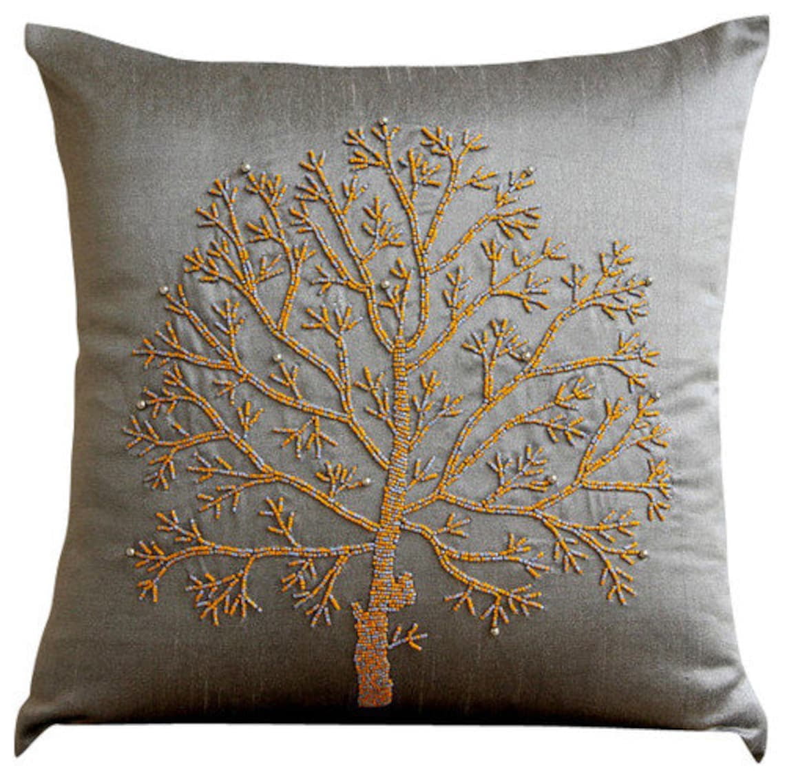 Toss Pillow Cover, Silver Grey Pillows Cover, Colorful Beaded Tree Pillows Cover, 20x20 inch (50x50 cm) Decorative Pillow Covers, Floral Pillow Cases, Square Silk - Tree Of Faith