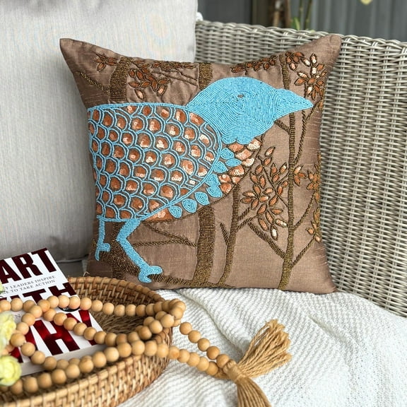 Toss Pillow Covers, Brown Decorative Pillow Covers 16x16 inch (40x40 cm), Silk Throw Pillows For Couch, Birds, Beaded, Contemporary Cushion Cover&nbsp;With Zipper - Birdy Paradise