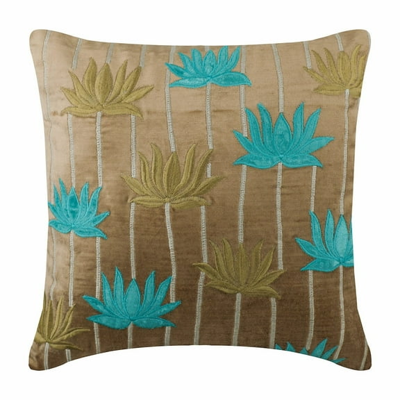 Toss Pillow Covers, Pearl Beige Pillow Shams, Velvet Applique Floral Theme Pillow Sham, 24x24 inch (60x60 cm) Pillow Shams, Square Velvet Shams, Floral Contemporary - Meditation