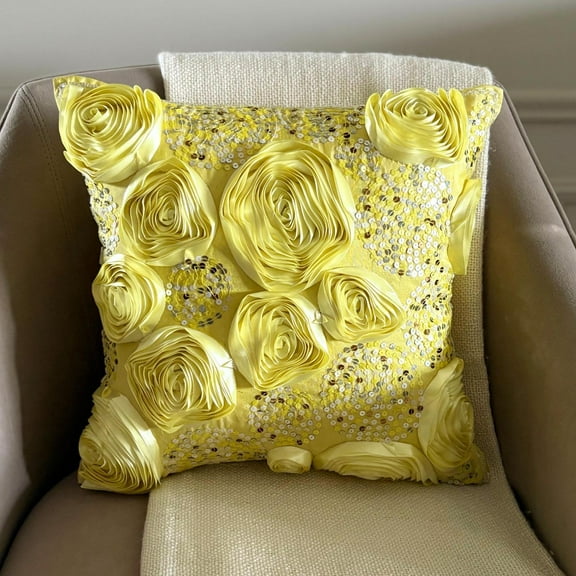 Toss Pillow Covers, Yellow Shams, Ribbon Rose Flower & Sequins Floral Theme Pillow Sham, 24x24 inch (60x60 cm) Pillow Sham, Square Silk Shams, Modern Pillow - Creamy Yellow Roses