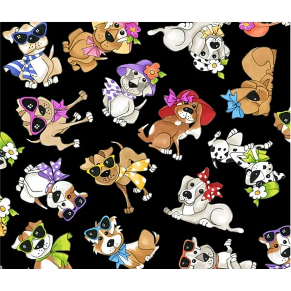 Tossed Go Doggies Black Fabric sold by the yard by Loralie Designs