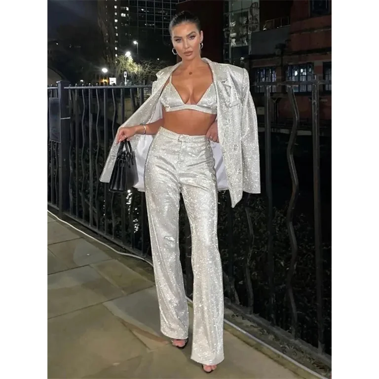 Tossy Glitter Silver Party Two Piece Pants Set Women Club Night Outfits Fashion Sparkly Blazer Matching Sets Femme Tracksuit Walmart