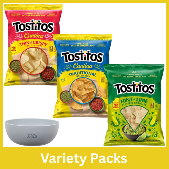 Tostitos Cantina Thin & Crispy Tortilla Chips (8 oz) & Cantina Traditional Tortilla Chips (11 oz) & Hint of Lime Tortilla Chips (11 oz) Variety Pack with Bowl by OMA