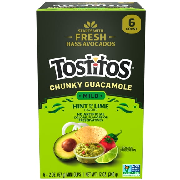 Tostitos Chunky Guacamole, Mild Hint of Lime, 2 oz Mini Cups, 6 Pack