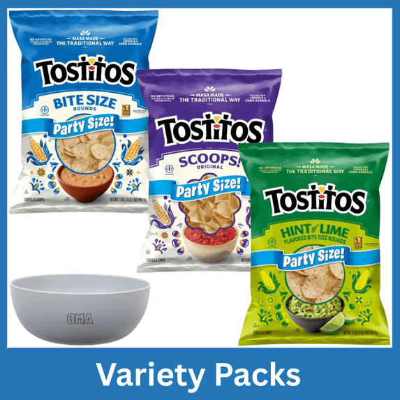 Tostitos Hint of Lime Flavored Tortilla Chips (17 oz) & Bite Size Tortilla Chips (17 oz) & Scoops Party Size Tortilla Chips (14.5 oz) Variety Pack with Bowl by OMA