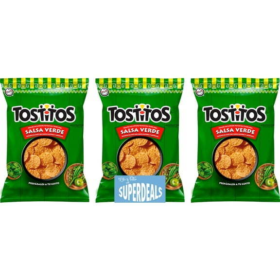 Tostitos Salsa Verde Value Pack Bundled by SUPERDEALS, 74.4 grams/2.625 Oz Bag, Salsa Verde, Pack of 3 with mystery gift. Original Mexican Edition Version Tostilocos Chili Corn Tortilla Chips Snacks