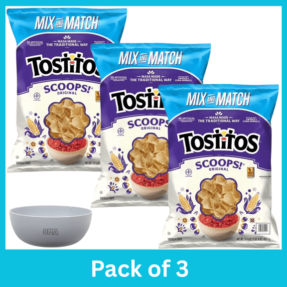 Tostitos Scoops Original Tortilla Chips, 16.125 oz Bags, Pack of 3,  with Serving Bowl by OMA