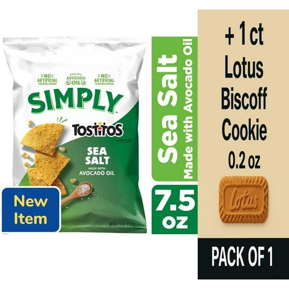 Tostitos Simply Tortilla Chips Sea Salt Made With Avocado Oil 7.5 oz - Pack of 1 & Lotus Biscoff Cookie - 0.2 Oz - 1 ct
